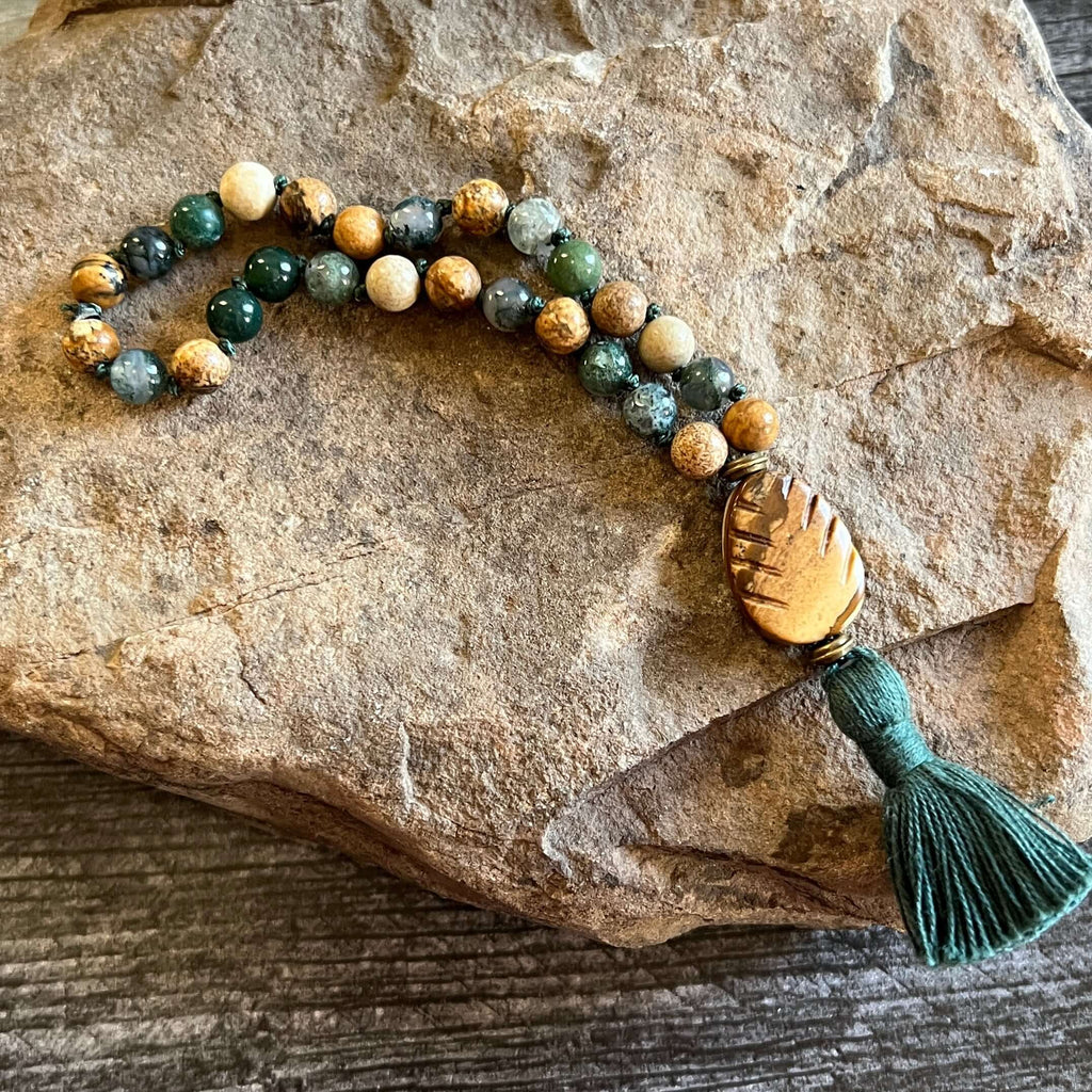 Pine Tree Meditation Mala – 27 Beads of Picture Jasper & Moss Agate - Collective Awakening