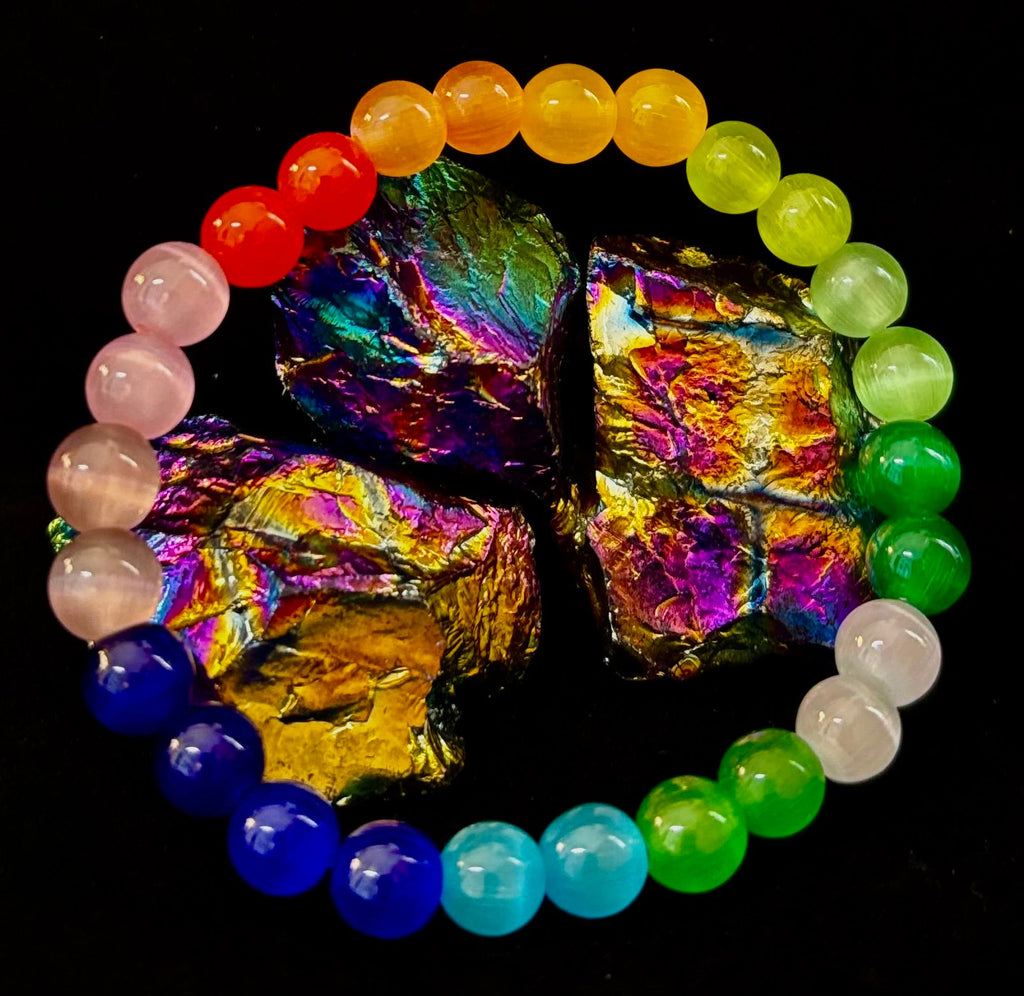 Rainbow Cat’s Eye Beaded Bracelet – Chakra Inspired Multicolor Bracelet | Pride Energy Jewelry - Collective Awakening