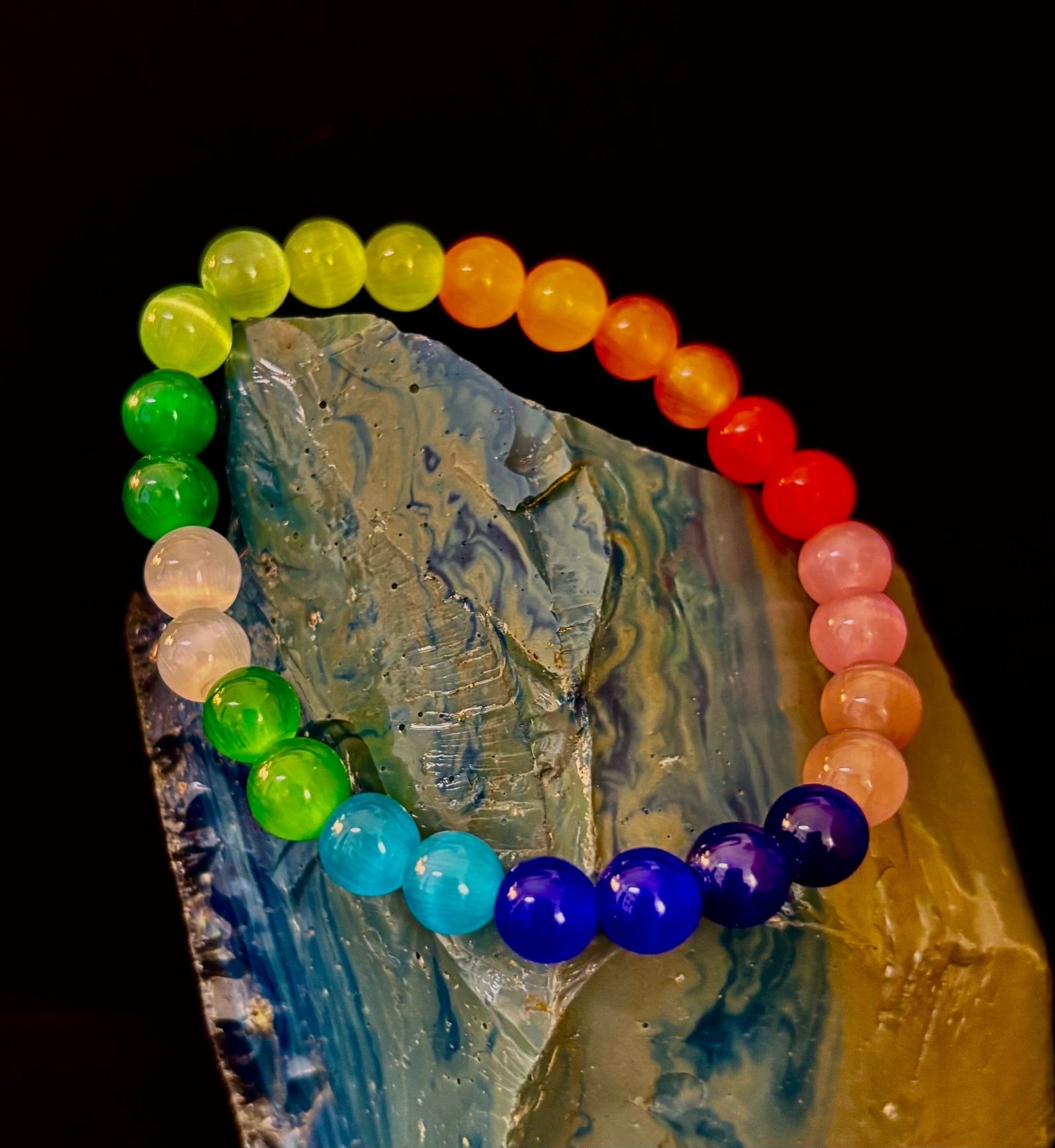 Rainbow Cat’s Eye Beaded Bracelet – Chakra Inspired Multicolor Bracelet | Pride Energy Jewelry - Collective Awakening