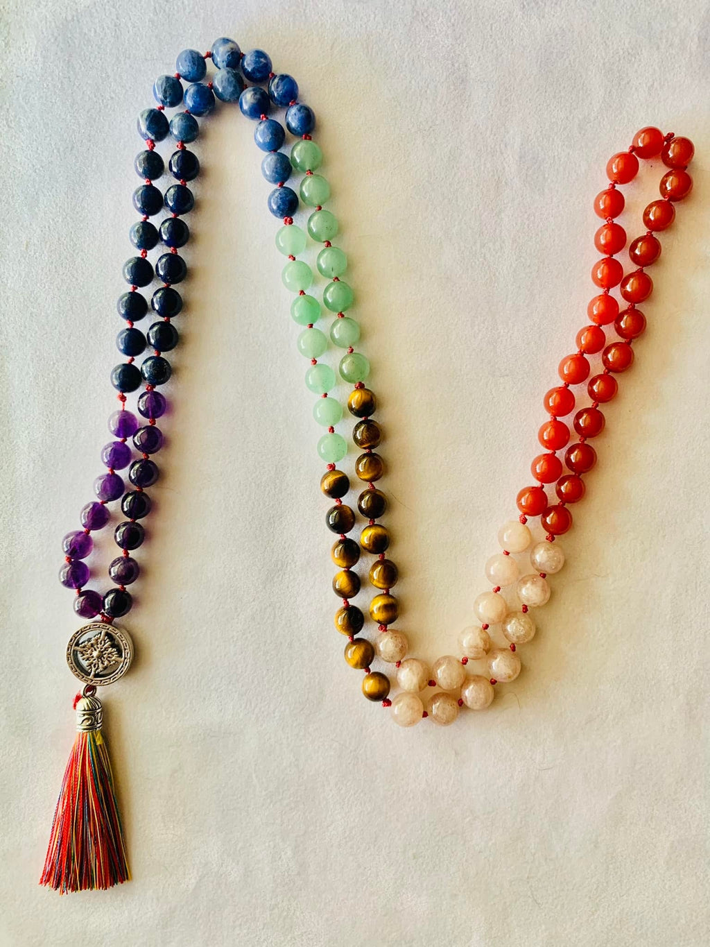 Ma'at Mala - Balance - Red Carnelian, Peach Moonstone, Yellow Tiger Eye, Green Aventurine, Sodalite - Collective Awakening