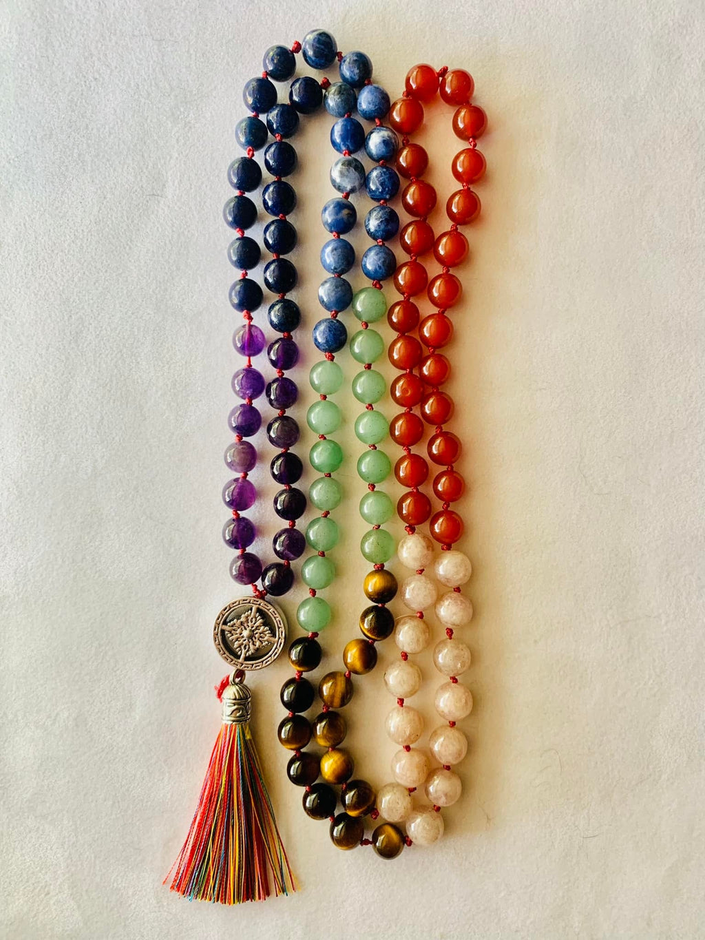 Ma'at Mala - Balance - Red Carnelian, Peach Moonstone, Yellow Tiger Eye, Green Aventurine, Sodalite - Collective Awakening