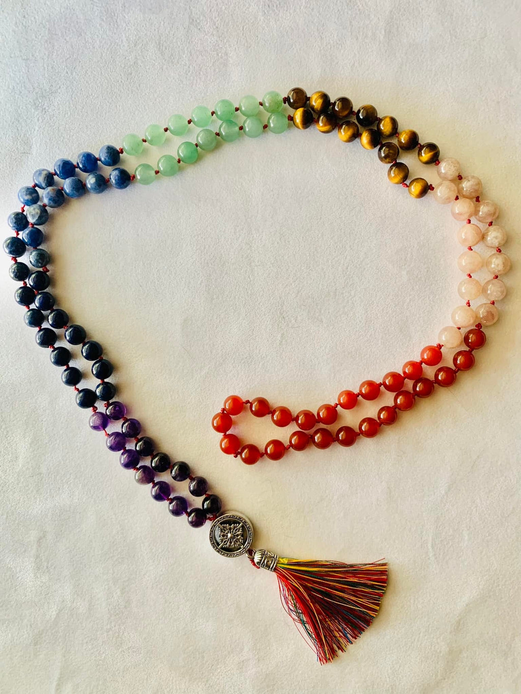 Ma'at Mala - Balance - Red Carnelian, Peach Moonstone, Yellow Tiger Eye, Green Aventurine, Sodalite - Collective Awakening