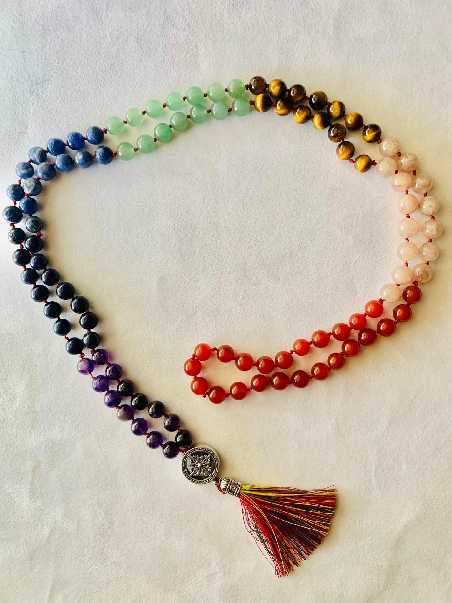 Ma'at Mala - Balance - Red Carnelian, Peach Moonstone, Yellow Tiger Eye, Green Aventurine, Sodalite, Lapis Lazuli, Amethyst