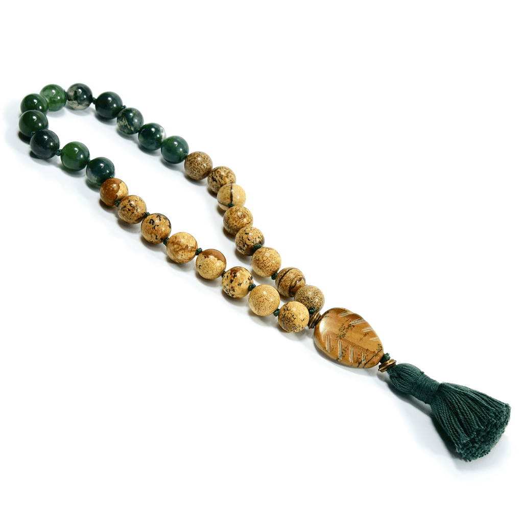 Pine Tree Meditation Mala – 27 Beads of Picture Jasper & Moss Agate - Collective Awakening
