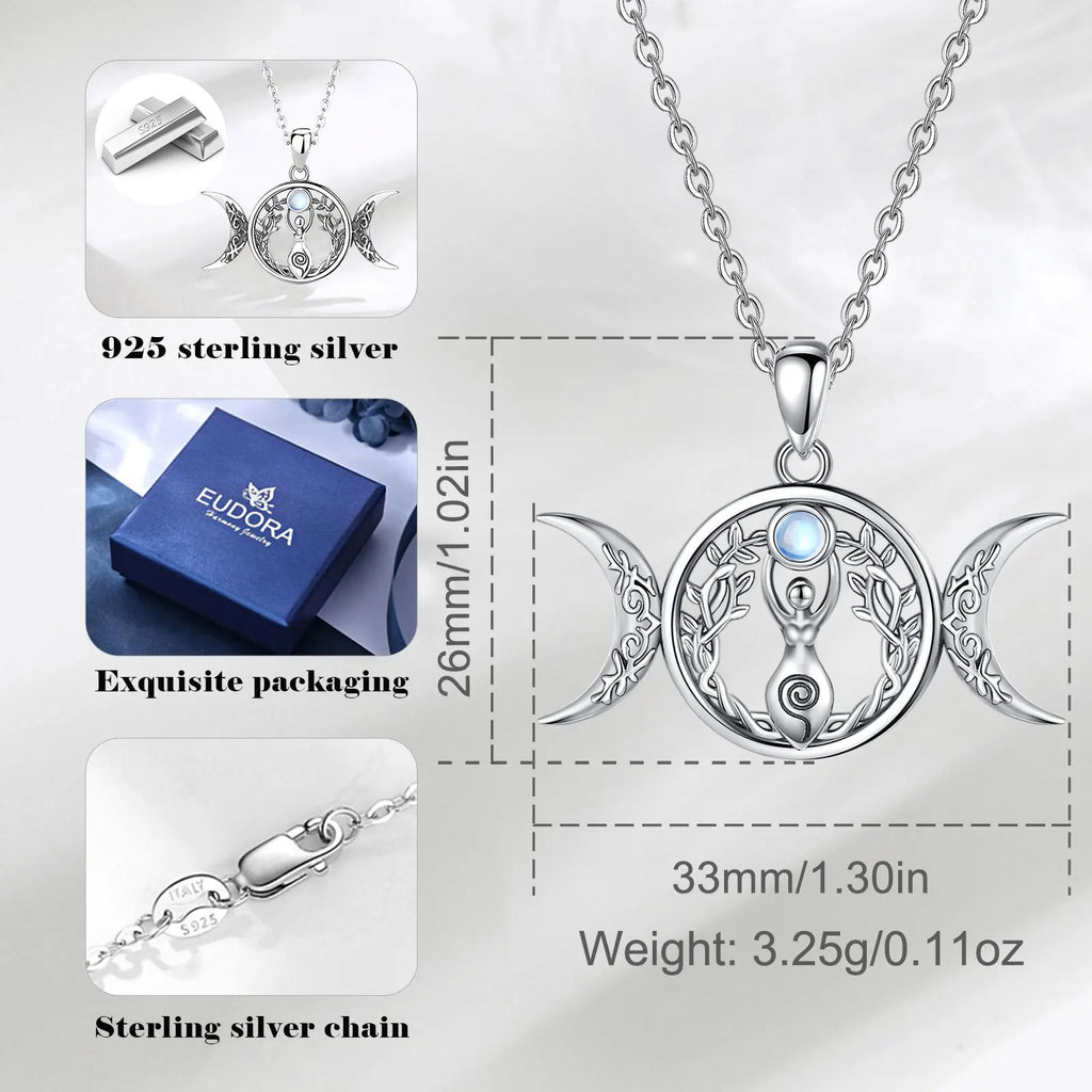 Moonstone Triple Moon Goddess Sterling Silver Necklace - Collective Awakening