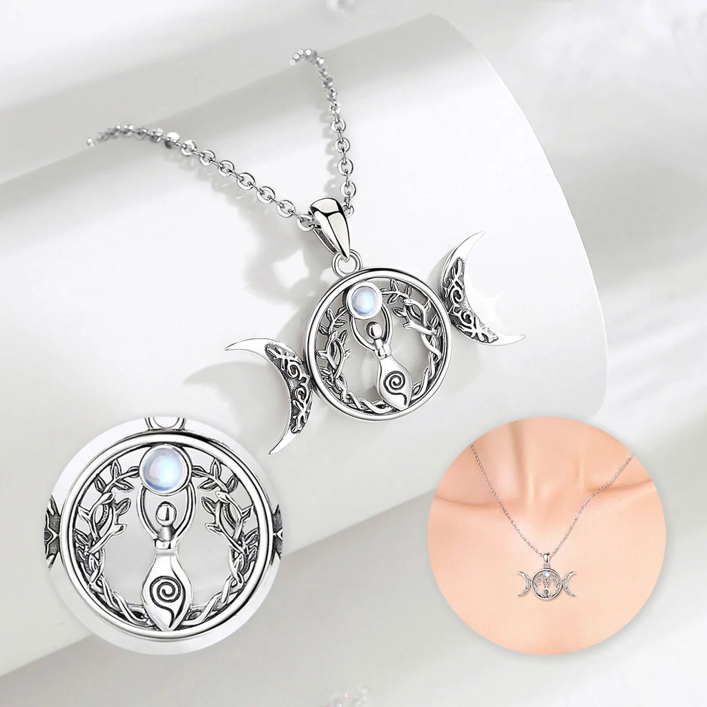 Moonstone Triple Moon Goddess Sterling Silver Necklace - Collective Awakening