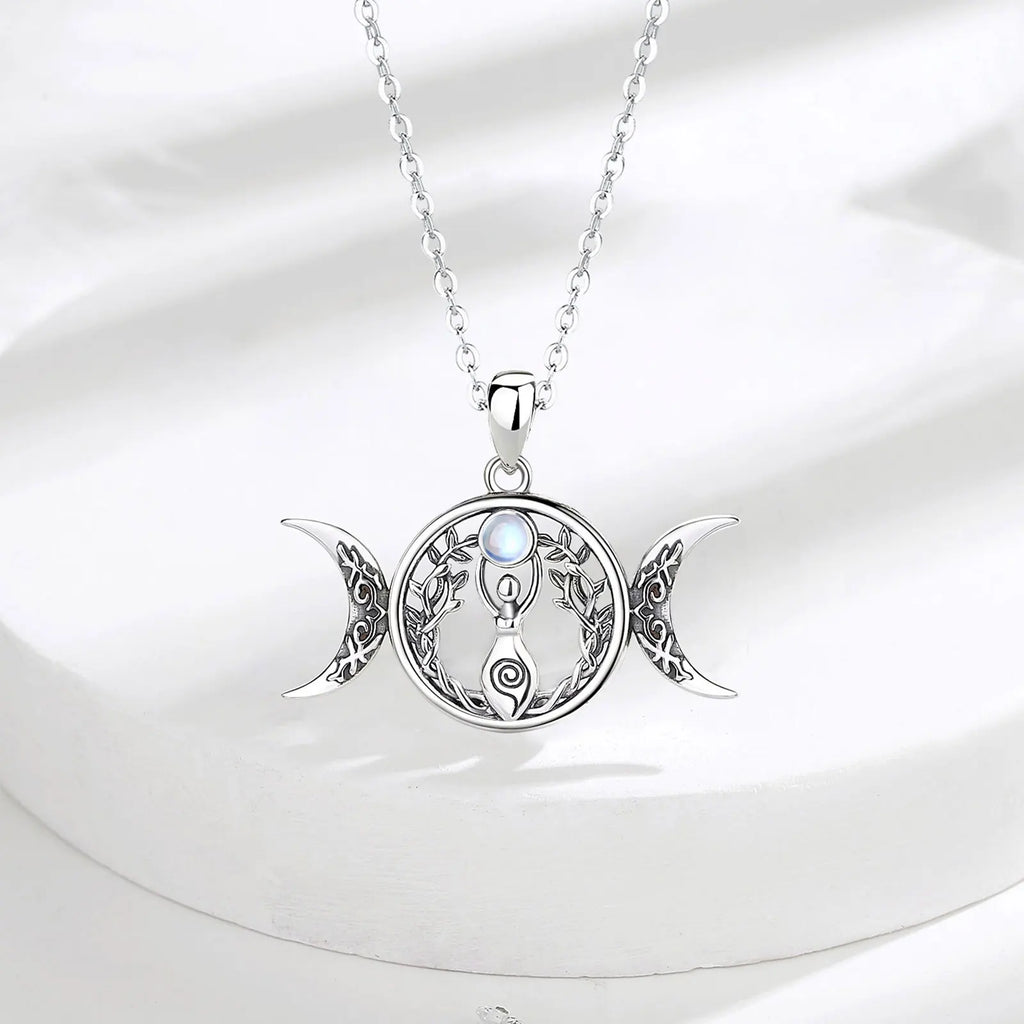 Moonstone Triple Moon Goddess Sterling Silver Necklace - Collective Awakening
