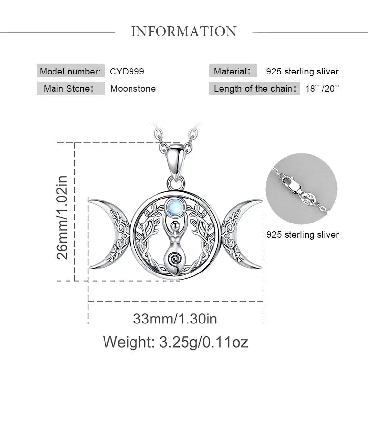 Moonstone Triple Moon Goddess Sterling Silver Necklace - Collective Awakening