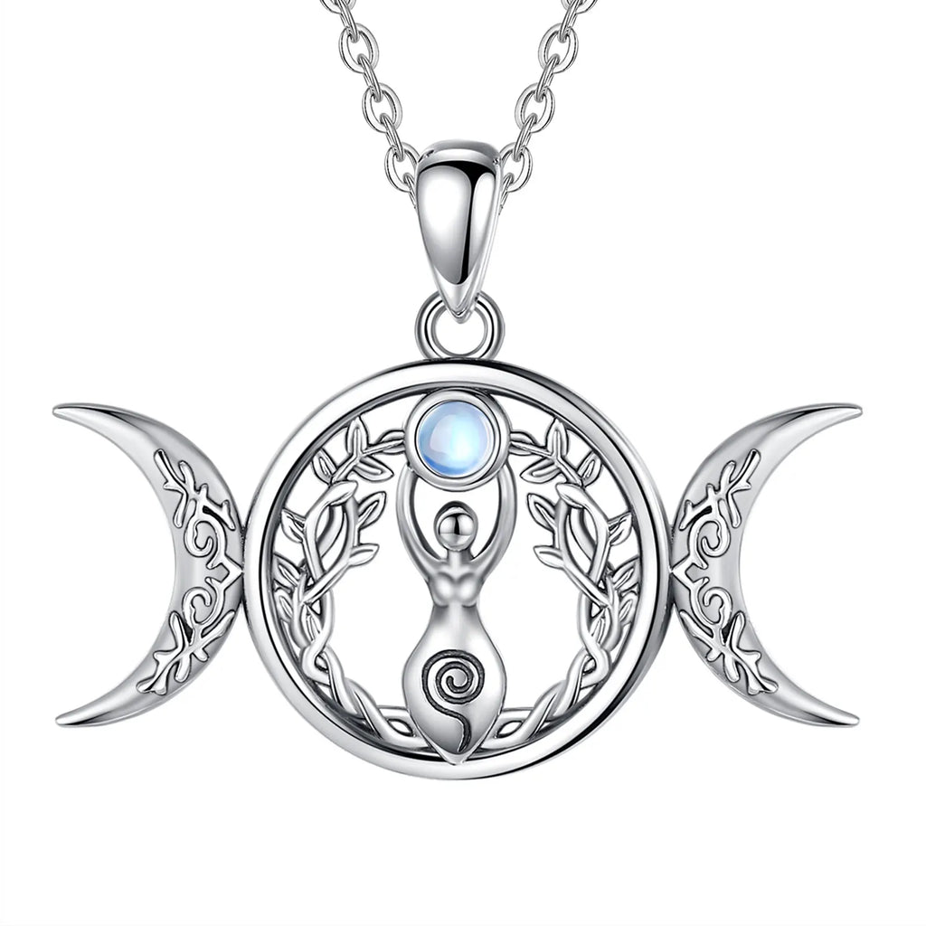 Moonstone Triple Moon Goddess Sterling Silver Necklace - Collective Awakening