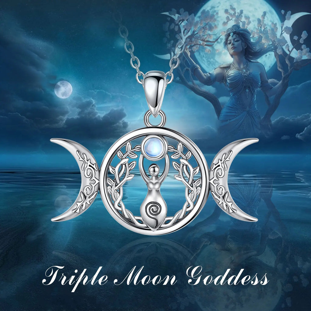 Moonstone Triple Moon Goddess Sterling Silver Necklace - Collective Awakening