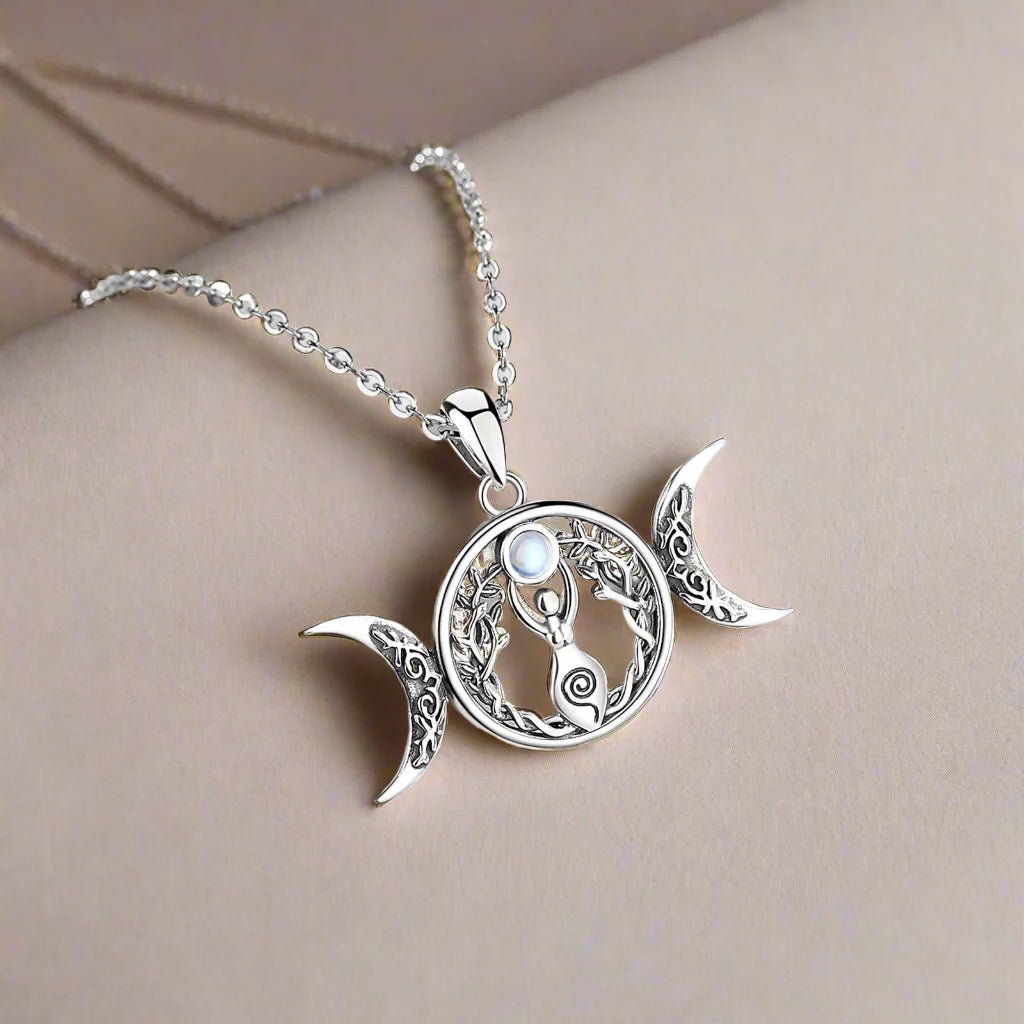 Moonstone Triple Moon Goddess Sterling Silver Necklace - Collective Awakening