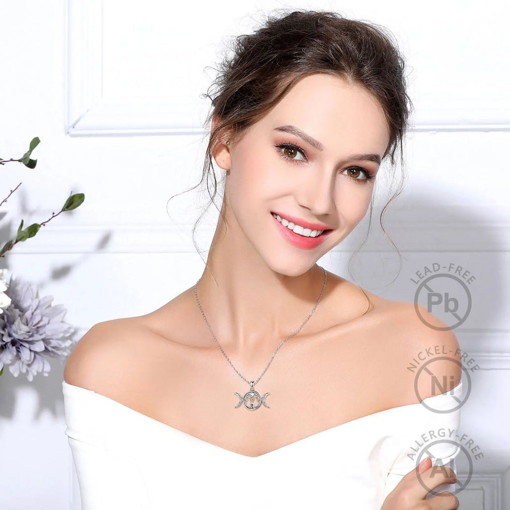 Moonstone Triple Moon Goddess Sterling Silver Necklace - Collective Awakening
