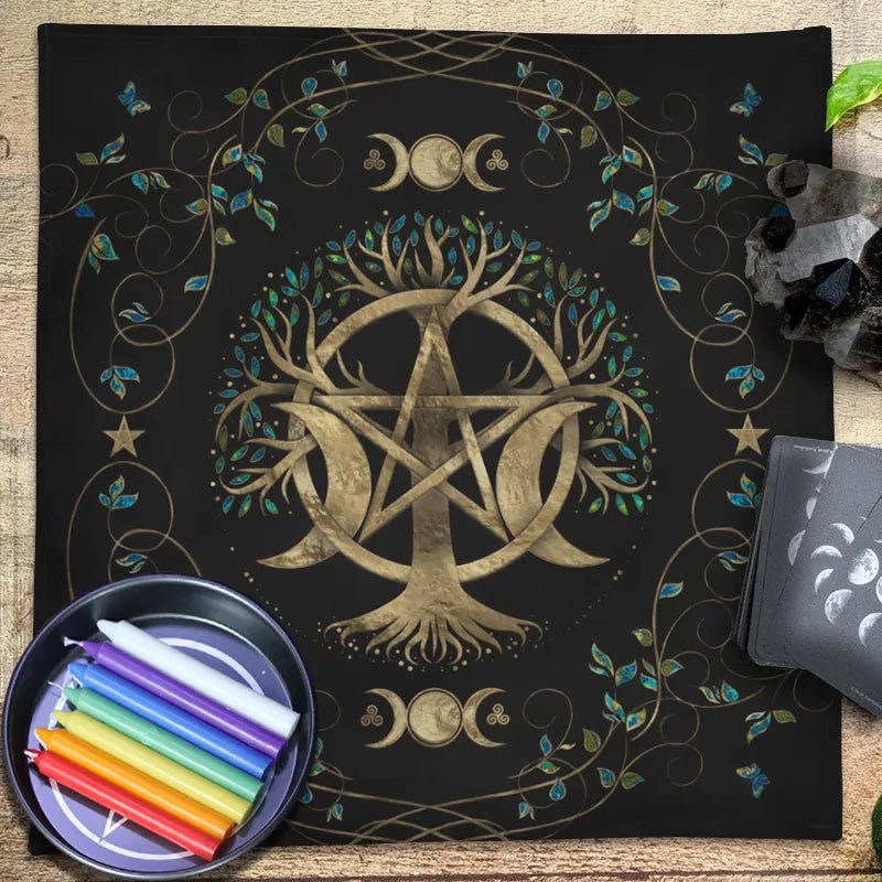 Triple Moon Pentacle and Runic Altar Cloth - Collective Awakening
