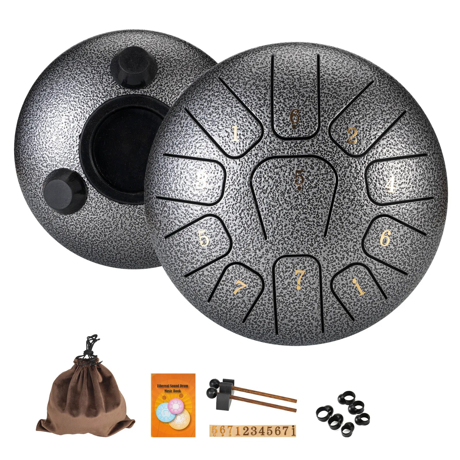 6-Inch (15 cm) 11-Note Steel Tongue Drum Set with Sticks & Carry Bag — Sound Healing for Yoga & Meditation