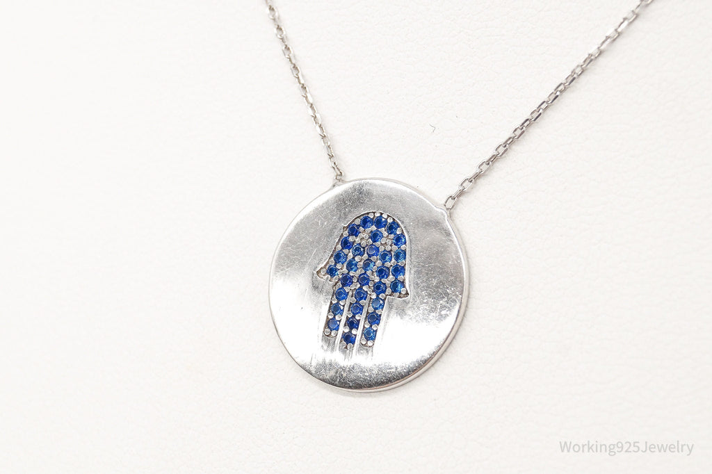 Vintage Blue Cubic Zirconia Hamsa Hand Sterling Silver Necklace - Collective Awakening