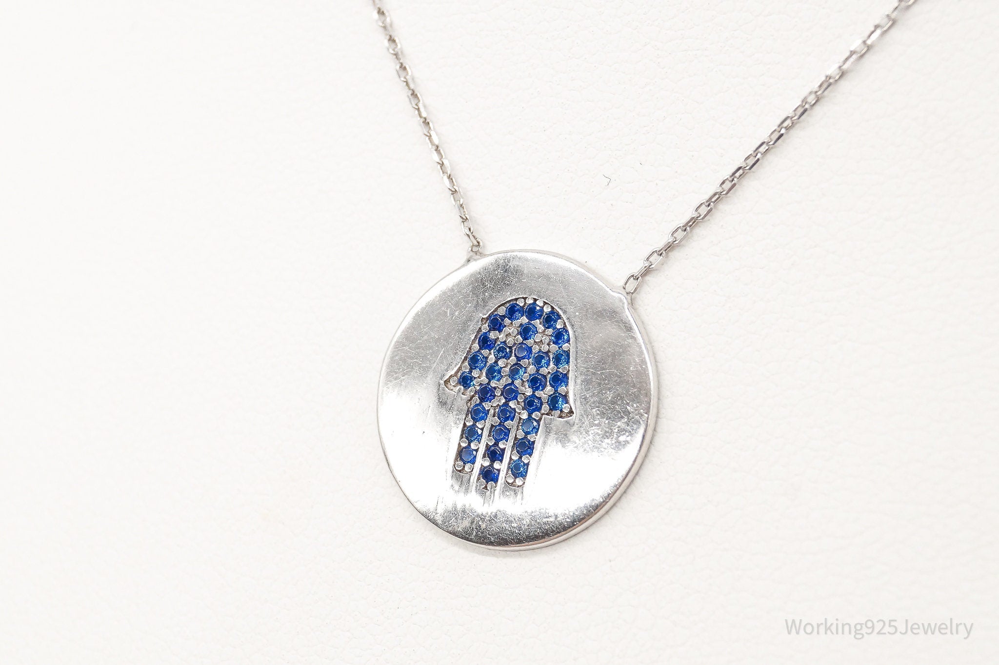 Vintage Blue Cubic Zirconia Hamsa Hand Sterling Silver Necklace - Collective Awakening