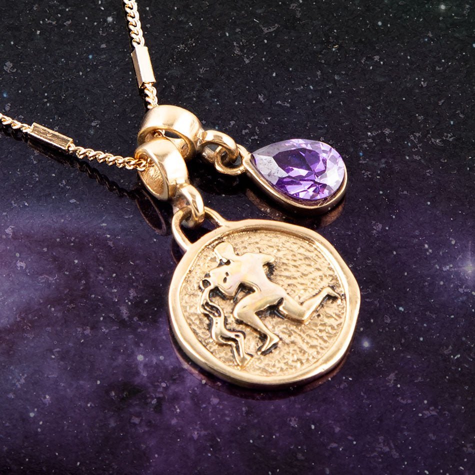 Aquarius - Zodiac Purple Amethyst Golden Charm Necklace - Collective Awakening
