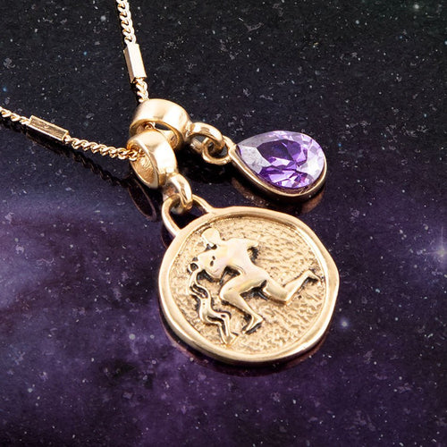 Aquarius - Zodiac Purple Amethyst Golden Charm Necklace - Collective Awakening