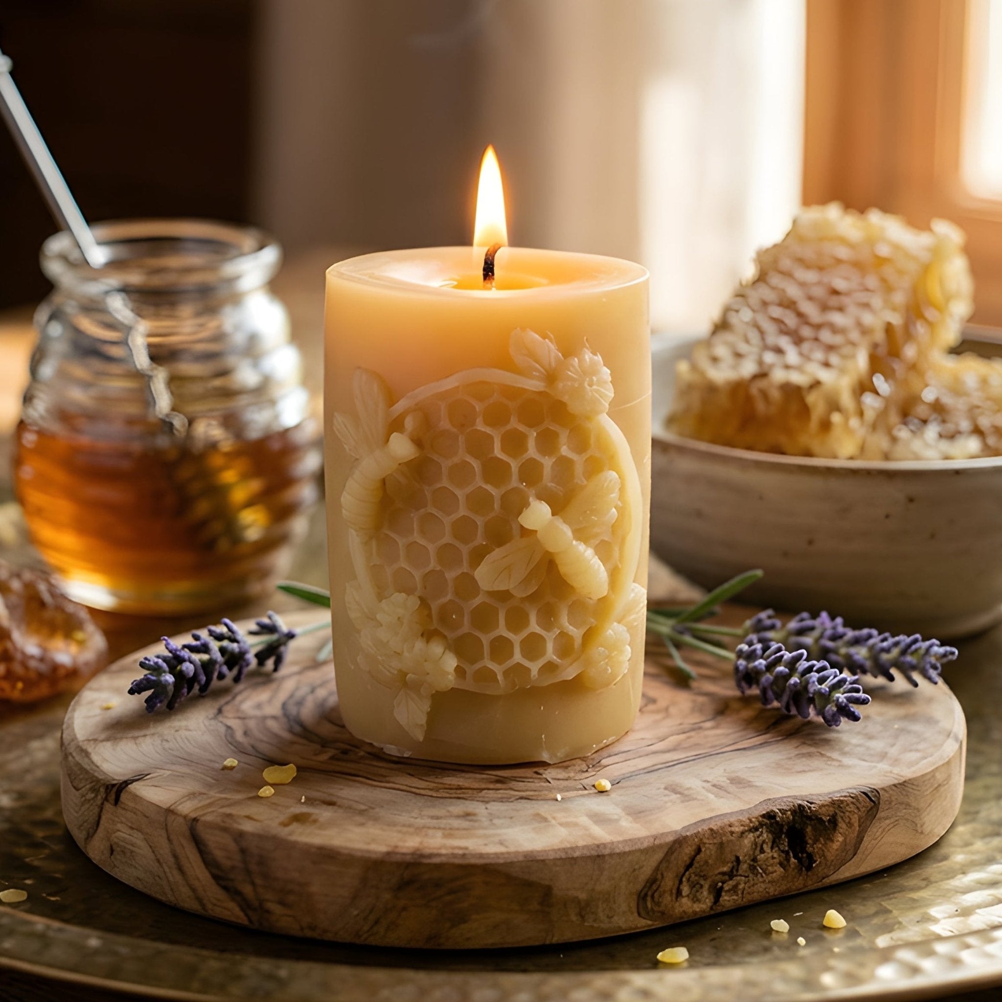 Golden Hivelet Beeswax Pillar Candle Beehive Inspired - Collective Awakening