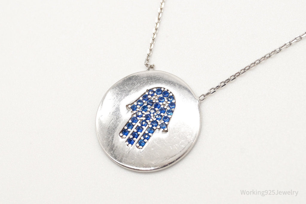 Vintage Blue Cubic Zirconia Hamsa Hand Sterling Silver Necklace - Collective Awakening