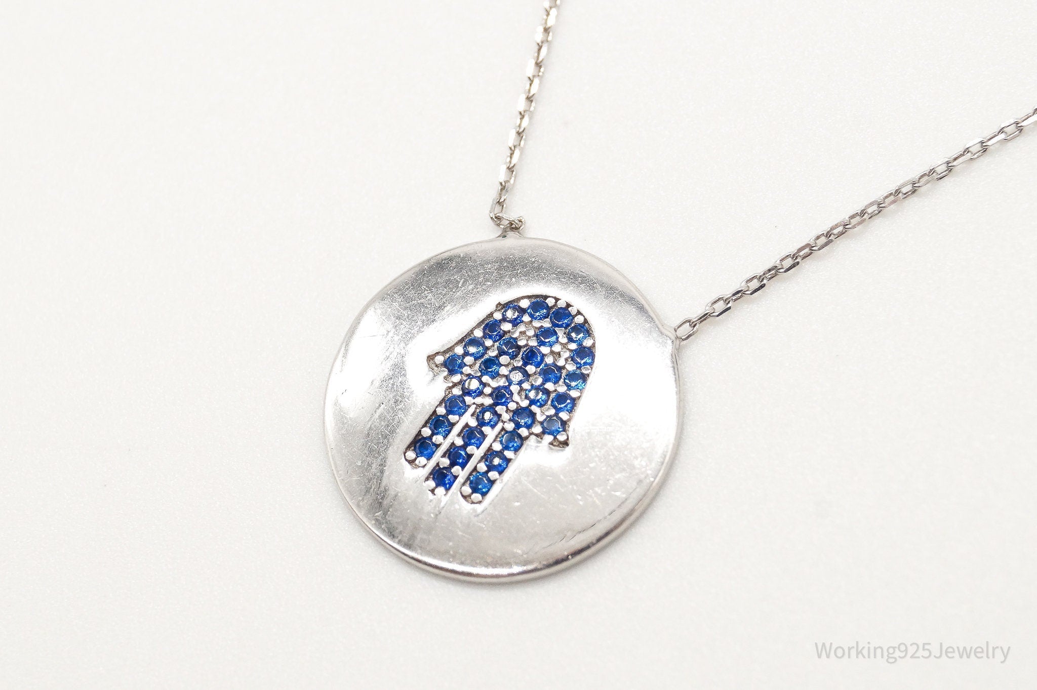 Vintage Blue Cubic Zirconia Hamsa Hand Sterling Silver Necklace - Collective Awakening