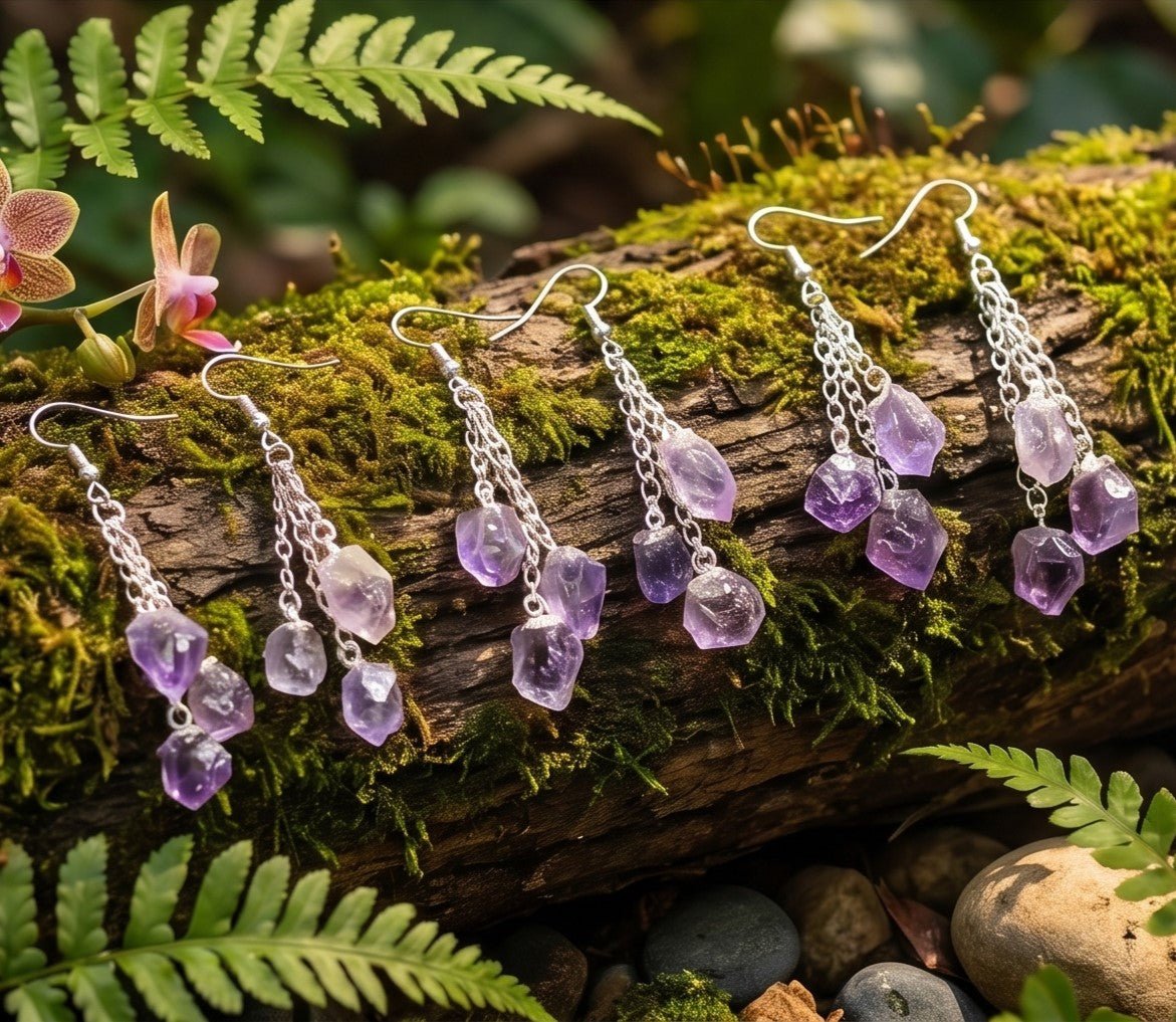 Amethyst Triple Crystal Earrings Pair (Stainless Steel Silver Hooks) - Collective Awakening