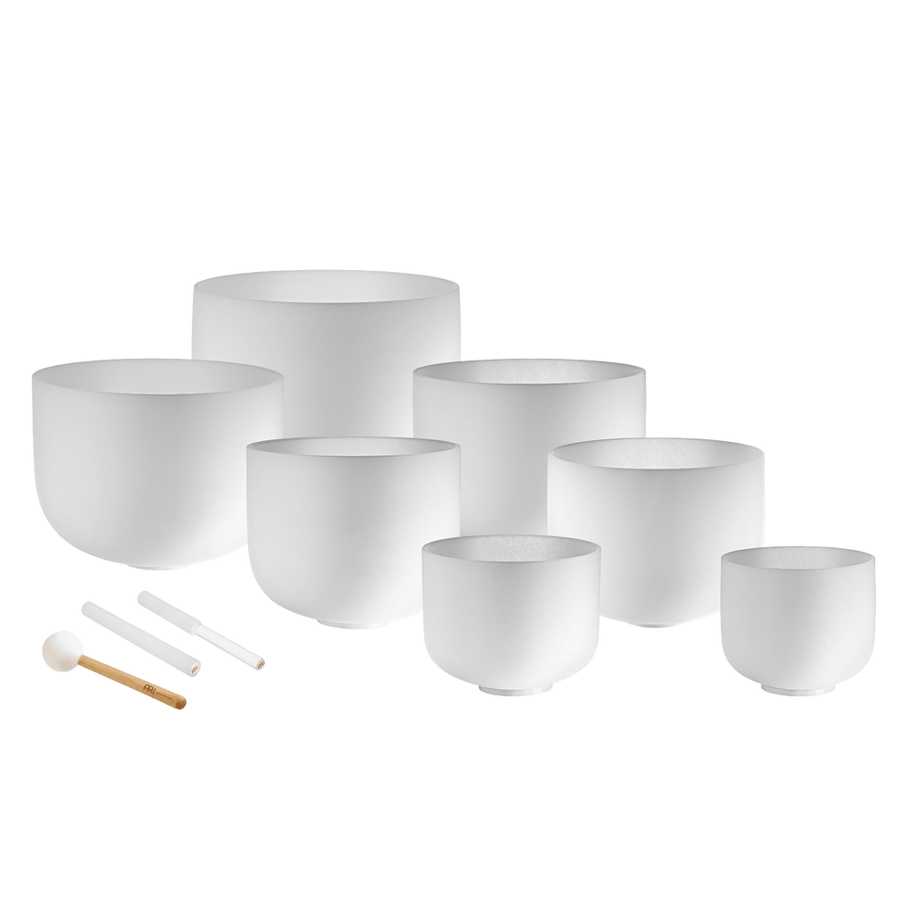 432 Hz Crystal Singing Bowl Chakra Set - 7 Pure White Quartz Bowls (8"–14") - Collective Awakening