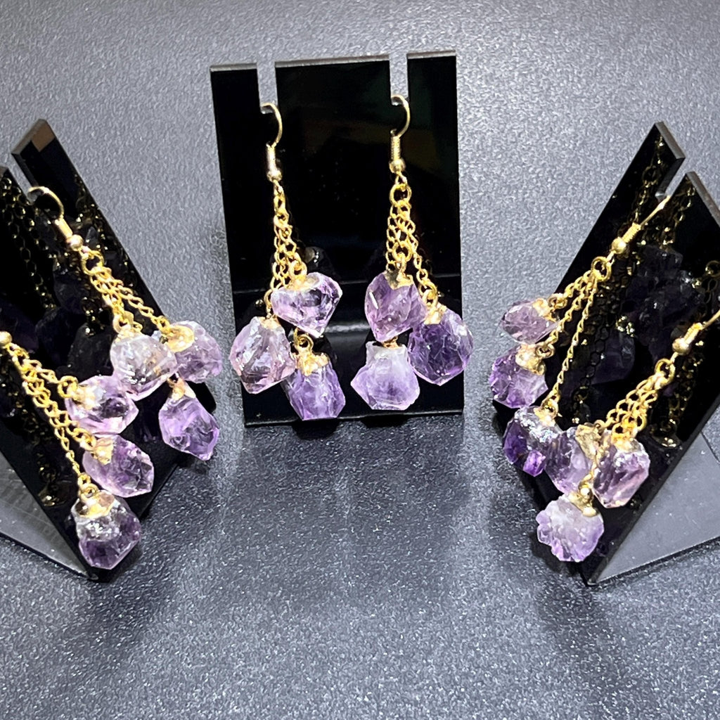 Long Dangle Amethyst Triple Crystal Point Earrings Pair (Gold Plated) - Collective Awakening