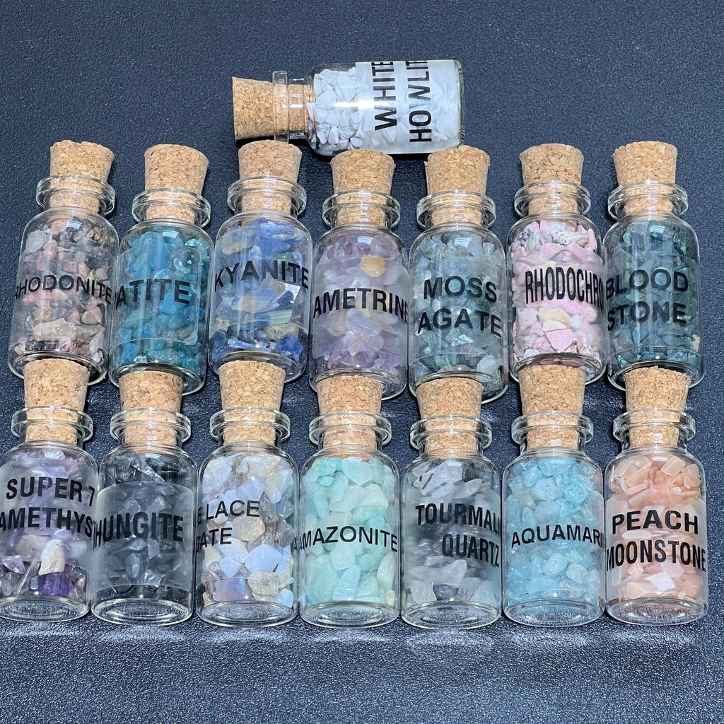 Gemstone Bottle Collection - 15 - Piece Natural Rough Crystal Chips Gift Set Box Flat - Collective Awakening
