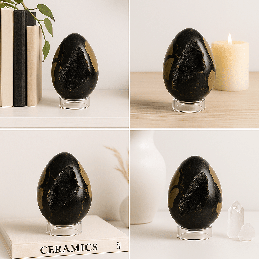 Dark Septarian Geode Egg – Hand - Selected Display Crystal with Druzy Interior - Collective Awakening