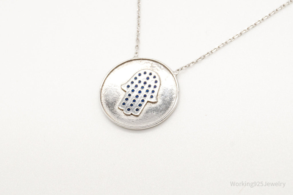 Vintage Blue Cubic Zirconia Hamsa Hand Sterling Silver Necklace - Collective Awakening