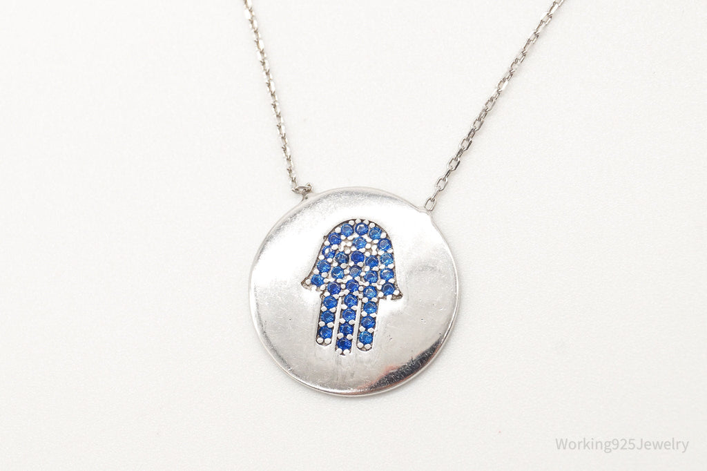 Vintage Blue Cubic Zirconia Hamsa Hand Sterling Silver Necklace - Collective Awakening