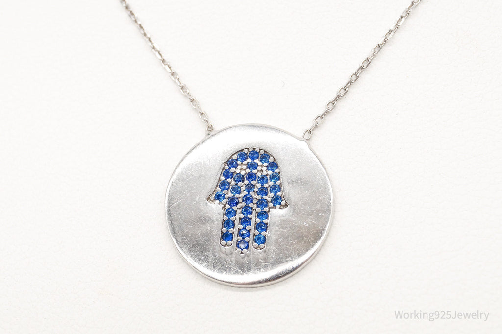Vintage Blue Cubic Zirconia Hamsa Hand Sterling Silver Necklace - Collective Awakening