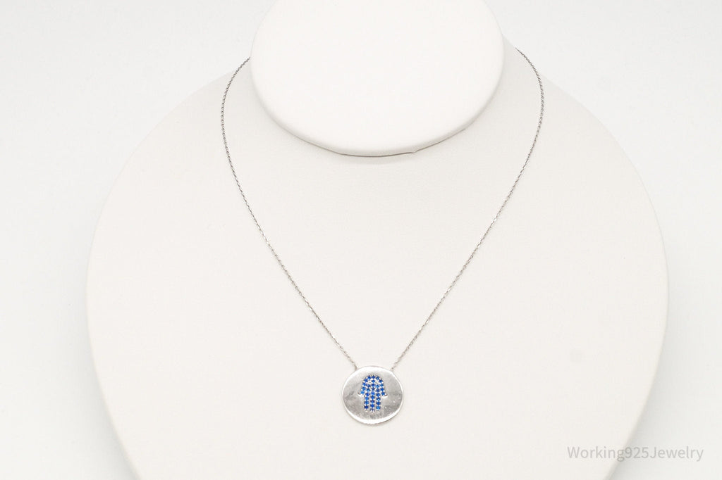 Vintage Blue Cubic Zirconia Hamsa Hand Sterling Silver Necklace - Collective Awakening
