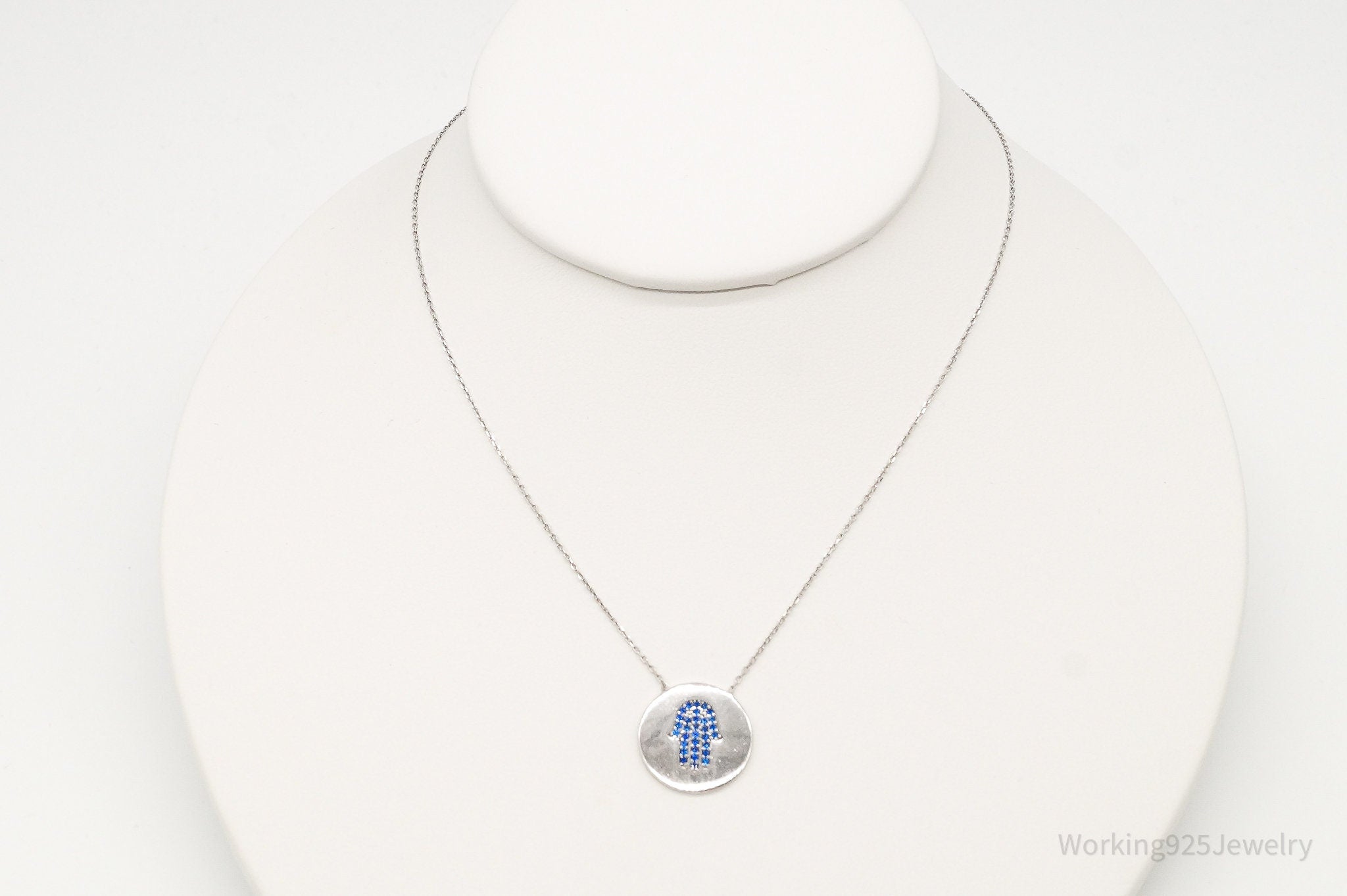Vintage Blue Cubic Zirconia Hamsa Hand Sterling Silver Necklace - Collective Awakening