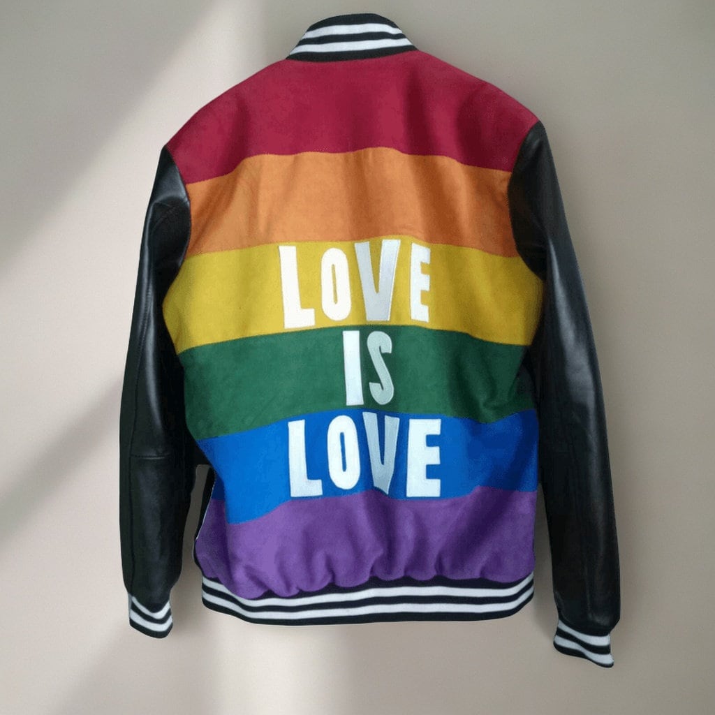 Handmade Love is Love LGBTQ Varsity Jacket With Leather Sleeves! "Pride Jacket" - A LGBTQ Handmade Leather Jacket Celebrating Diversity - Collective Awakening