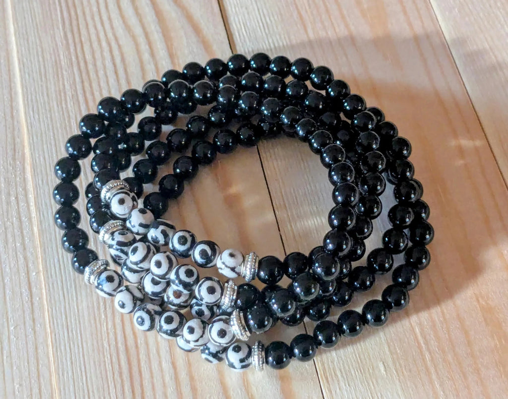 Tibetan Triple Eye Dzi & Black Onyx Stretch Bracelets - Collective Awakening
