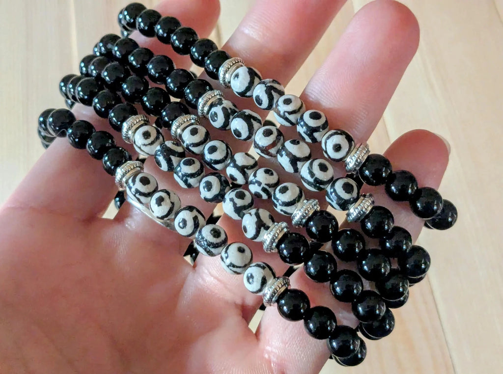 Tibetan Triple Eye Dzi & Black Onyx Stretch Bracelets - Collective Awakening