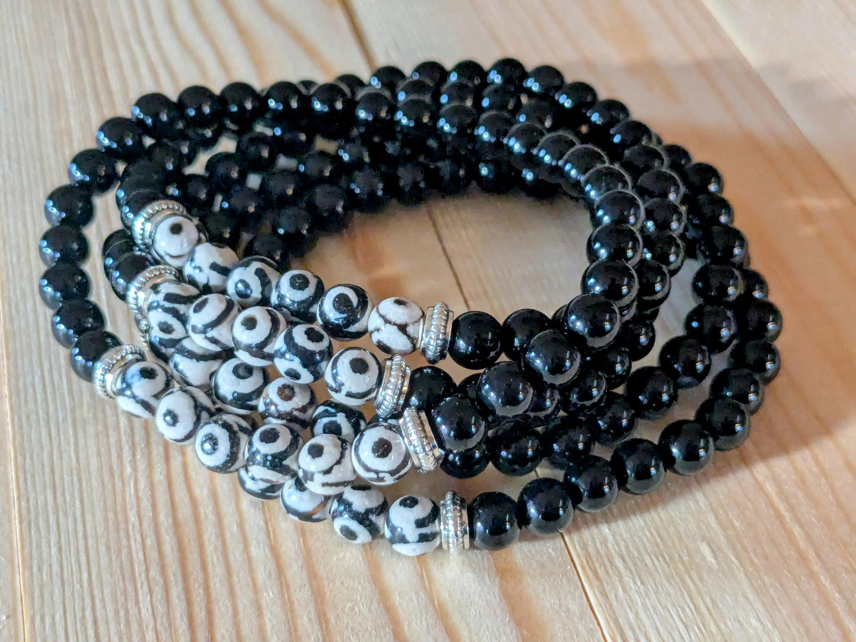 Tibetan Triple Eye Dzi & Black Onyx Stretch Bracelets