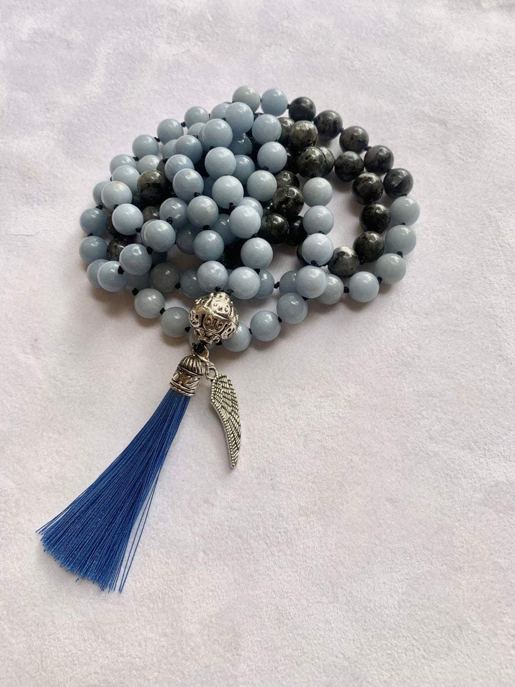 Astarte Mala - Talking to Angels - Angelite and Black Labradorite - Collective Awakening