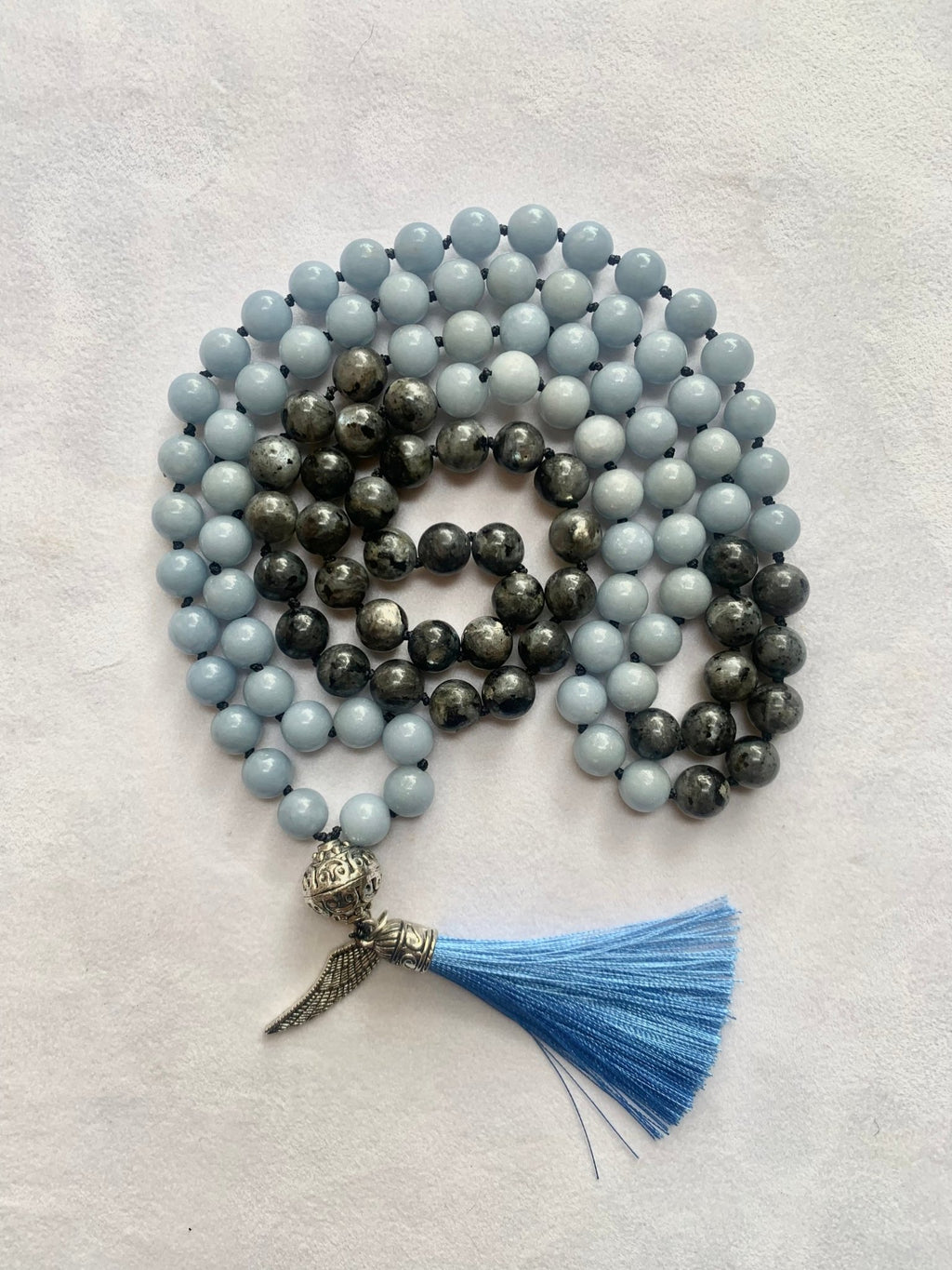 Astarte Mala - Talking to Angels - Angelite and Black Labradorite - Collective Awakening