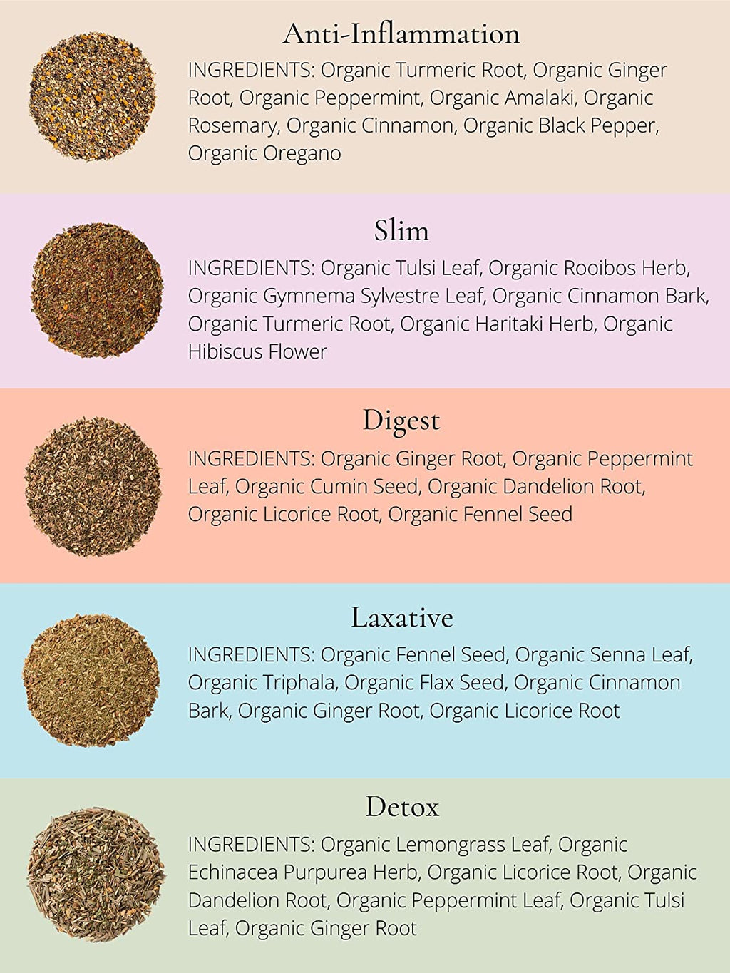 Organic Tea Sampler, 5 Caffeine - Free Wellness Herbal Blends - Collective Awakening