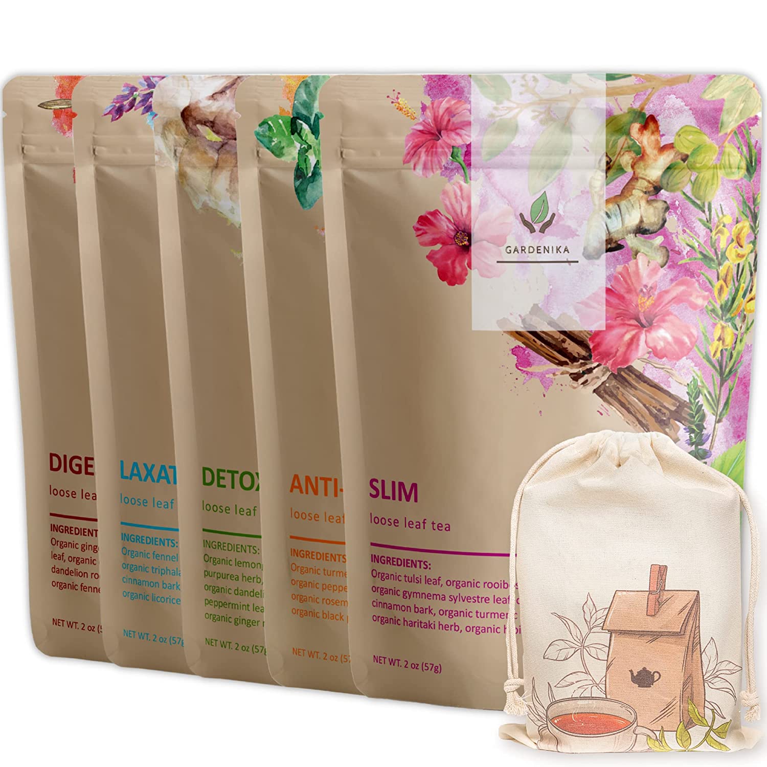 Organic Tea Sampler, 5 Caffeine - Free Wellness Herbal Blends - Collective Awakening