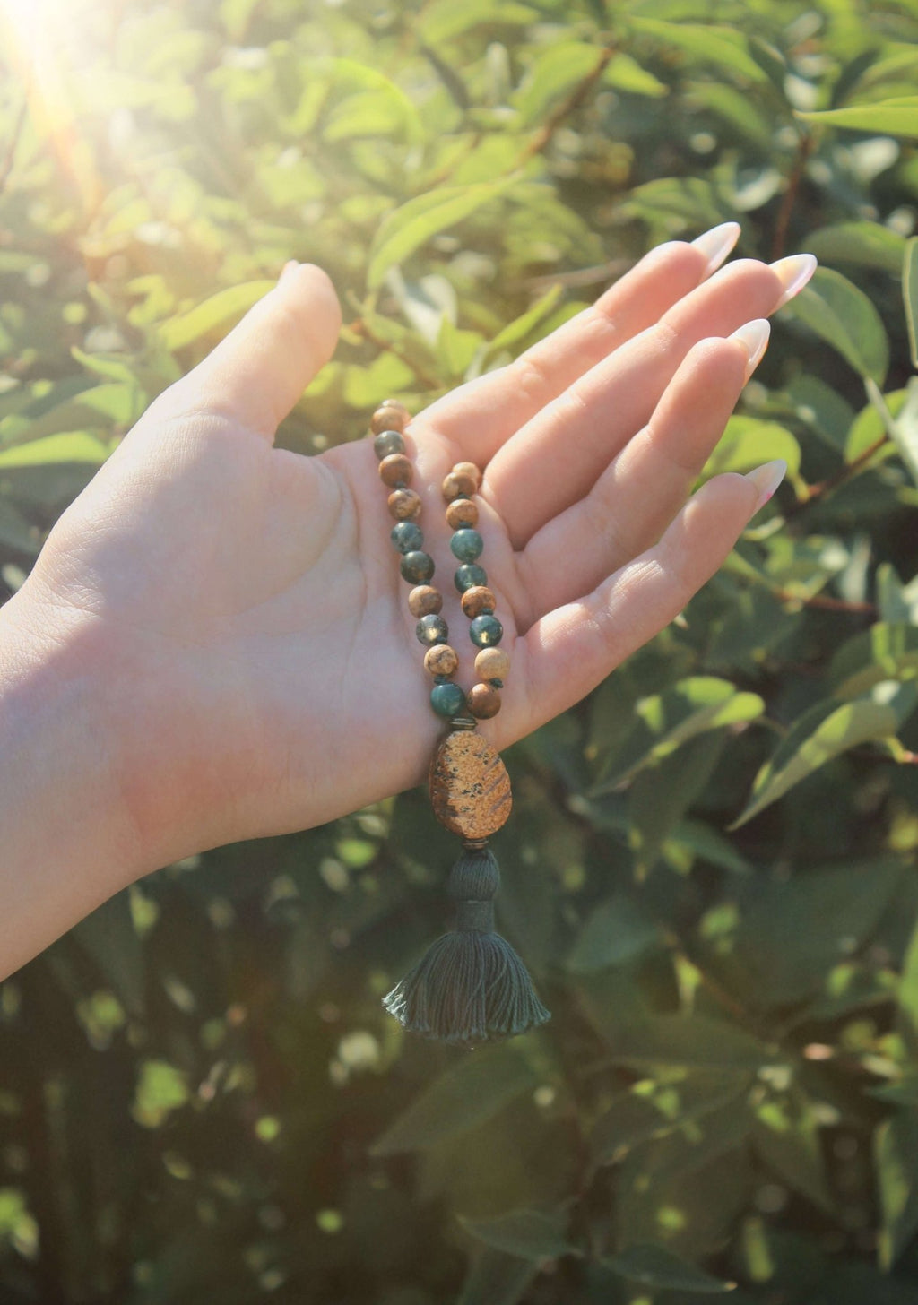 Pine Tree Meditation Mala – 27 Beads of Picture Jasper & Moss Agate - Collective Awakening