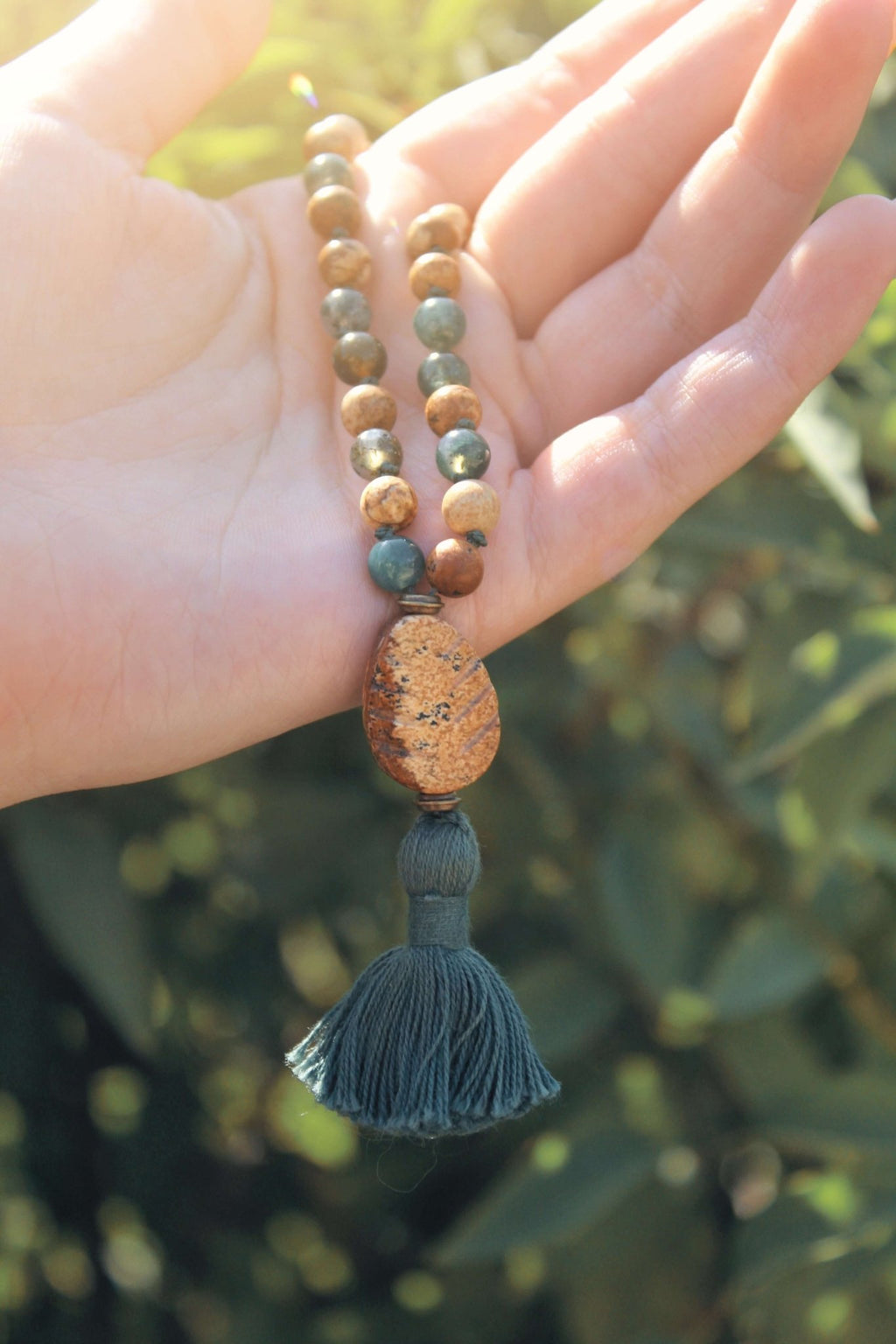 Pine Tree Meditation Mala – 27 Beads of Picture Jasper & Moss Agate - Collective Awakening
