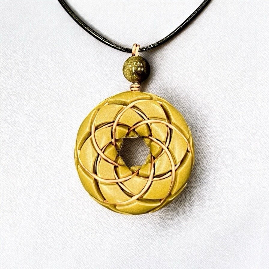 Torus Vortex Pendant - Brass and Libyan Desert Glass Orgonite Necklace Rodin Coil - Collective Awakening