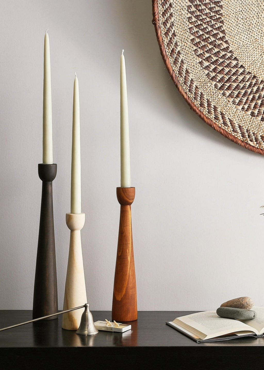 Tapered Candlestick Holder Pine Wood Cognac, Espresso, Natural - Collective Awakening