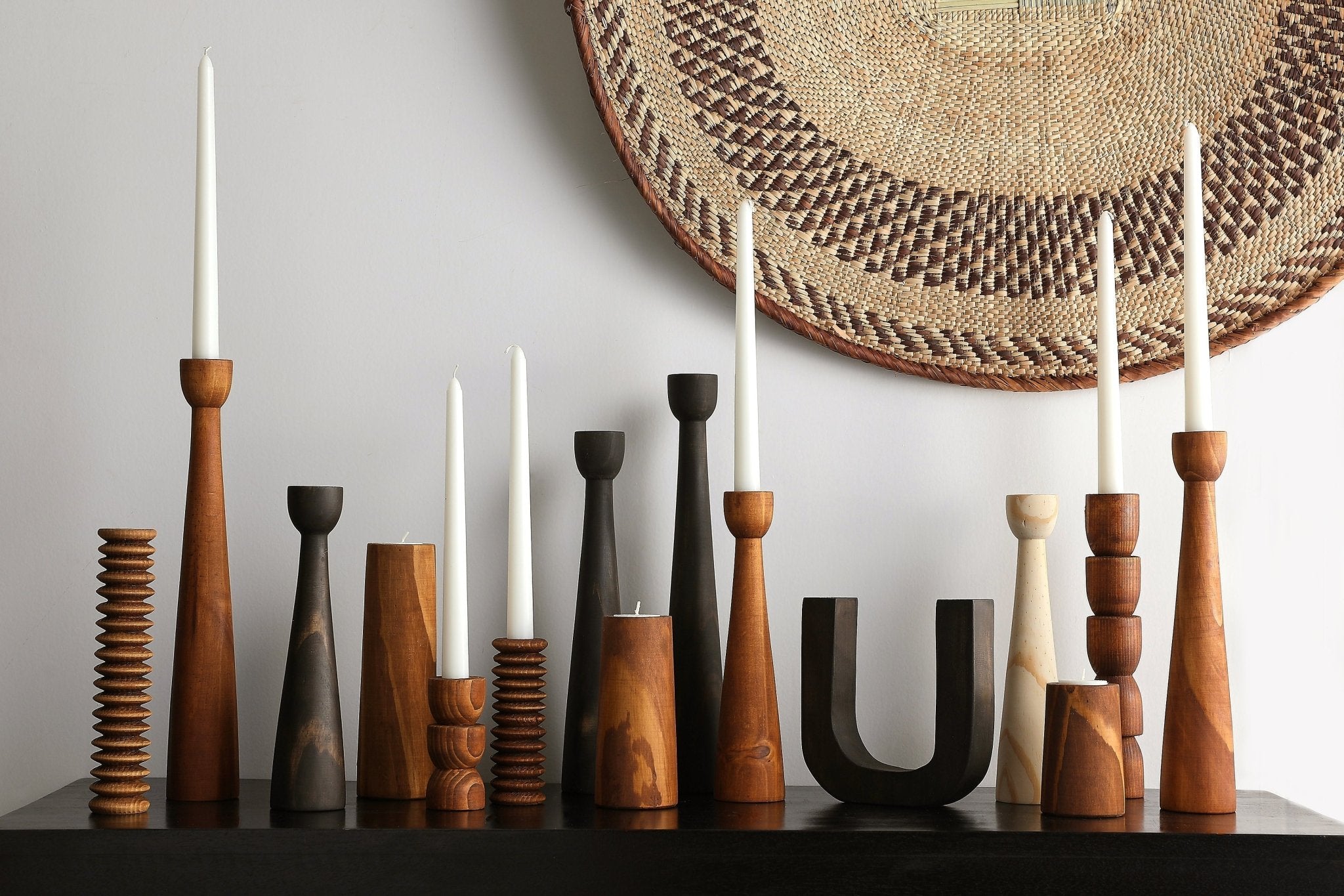 Tapered Candlestick Holder Pine Wood Cognac, Espresso, Natural - Collective Awakening